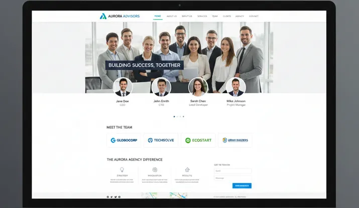 امکانات طراحی سایت شرکتی شامل معرفی تیم، مشتریان و فرم تماس