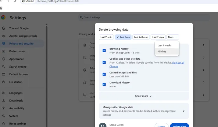 پاک‌سازی کش و کوکی مرورگر