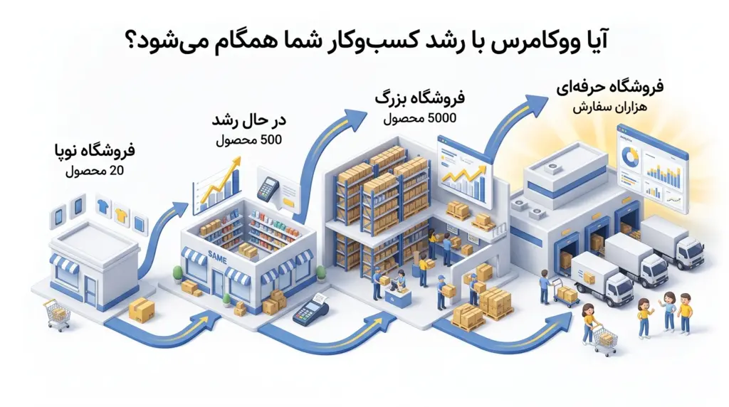 اینفوگرافیک سه بعدی مراحل رشد کسب‌وکار با فروشگاه ساز ووکامرس از یک فروشگاه نوپا با ۲۰ محصول تا فروشگاه بزرگ ۵۰۰۰ محصولی و انبار تخصصی با هزاران سفارش.