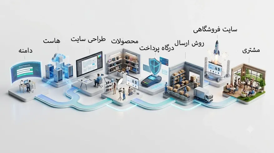 مسیر سایت فروشگاهی از سمت چپ به سمت راست انتخاب دامنه انتخاب هاست طراحی سایت انتخاب درگاه پرداختو روش ارسال . در نهایت ارسال برای مشتری ها