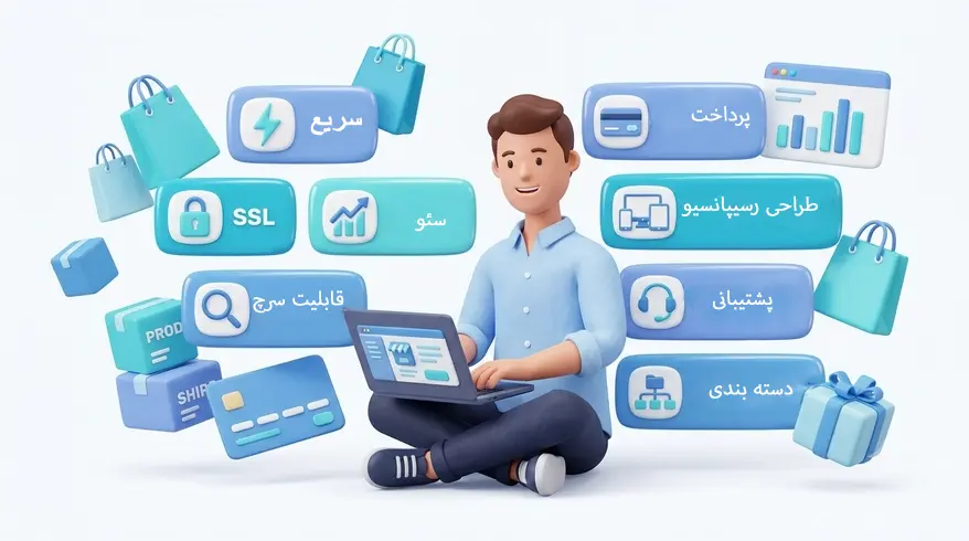 در این تصویر عوامل موثر برای داشتن یک سایت فروشگاهی موفق مانند سئو درگاه پرداخت قابلیت سرچ است